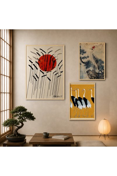 For Space On Ahşap Çerçeveli 3'li Tablo Seti Japon Sanatı Duvar Tablosu Dekor...