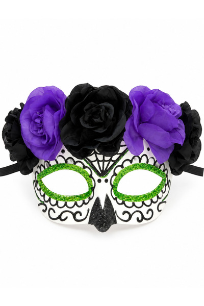 PARTİPORT Floral Halloween Mask Purple Black Rose Green Glitter Sugar Skull P...