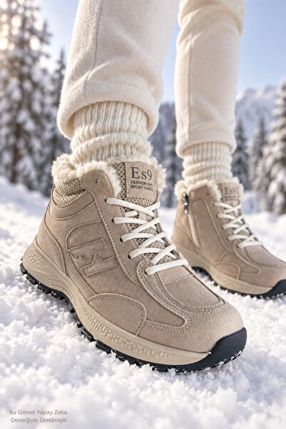 MUGGO NORTEX Kürklü Fermuarlı Kalın Taban Bağcıklı Kışlık Kadın Sneaker Bot
