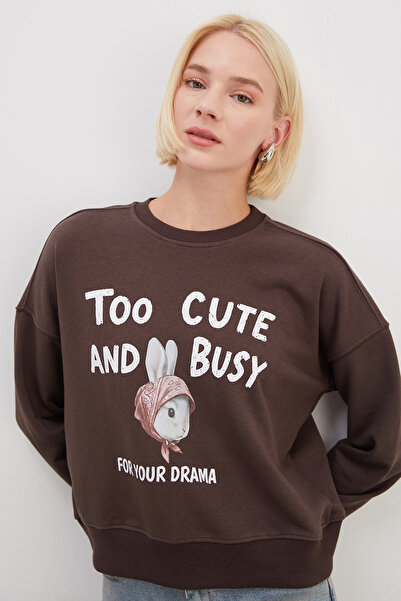Fulla Moda 3 İplik Şardonsuz Tavşan Baskılı Oversize Sweatshirt