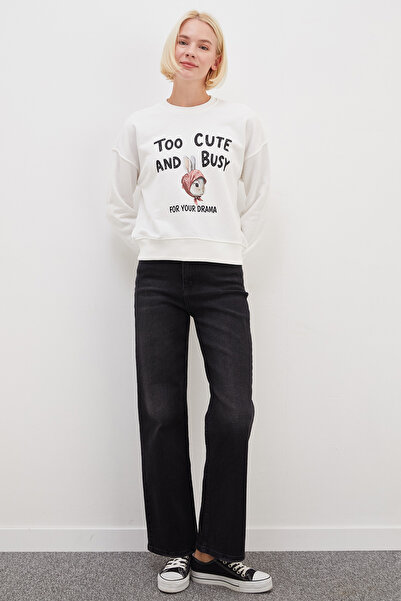 Fulla Moda 3 İplik Şardonsuz Tavşan Baskılı Oversize Sweatshirt