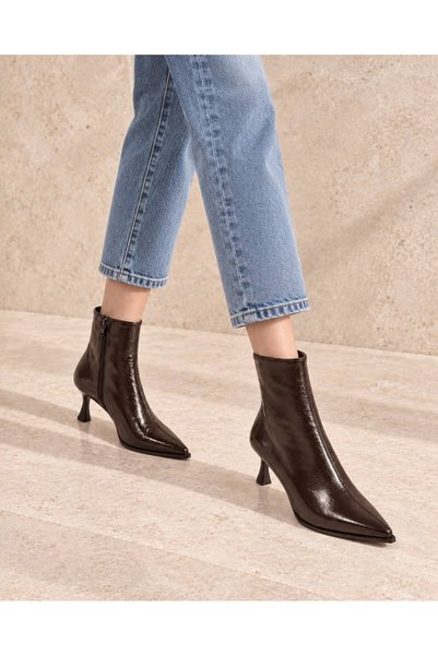 İncimoda Brown Patent Leather Pointed Toe Thin Heeled Women's Ankle Boots