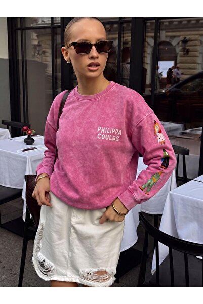 Noi Belis Bisiklet Yaka Kol Baskılı Yıkamalı Oversize Sweatshirt AW26SW0002