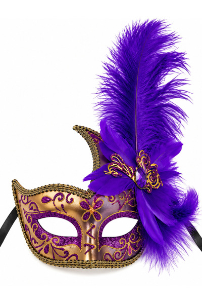 PARTİPORT Venetian Mask Black Feathered Gold Stone Showy Party Costume Mask