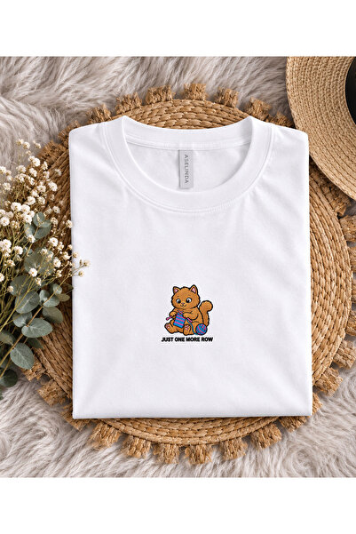 ASELİNDA Knitted Cute Cat Patterned Crew Neck Cotton T-Shirt