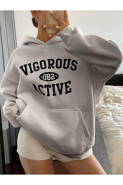 MITHRAS OUTDOORS Unisex Gray Vigorous Printed Hooded Sweatshirt Printed Premi...