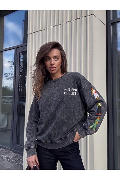 Noi Belis Bisiklet Yaka Kol Baskılı Yıkamalı Oversize Sweatshirt AW26SW0002