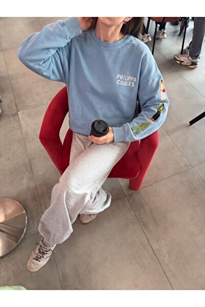Noi Belis Bisiklet Yaka Kol Baskılı Yıkamalı Oversize Sweatshirt AW26SW0002