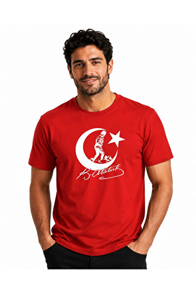 ETİFA Atatürk Ay Yıldız İmzalı Premium Unisex %100 Pamuk Kırmızı Tişört Beyaz...