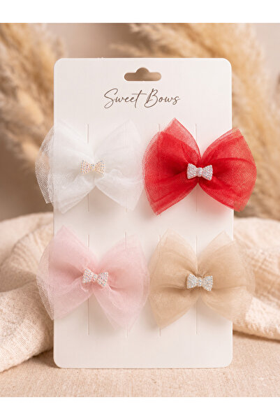 Laria 4-Piece Tulle Bow Red Pink Ecru Beige Children's Buckle Set