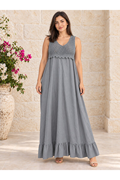 AGORATEKSTİL Women's Linen Fabric Thick Strap Dress with Button Back 44-46