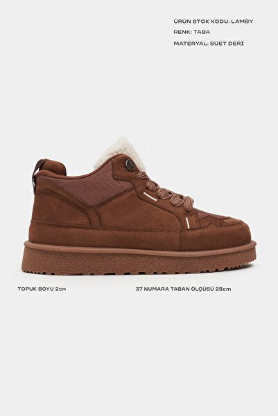 NİŞANTAŞI SHOES Lamby Taba Süet Kürk Detay Bağcıklı Kalın Taban Kadın Sneaker Bot