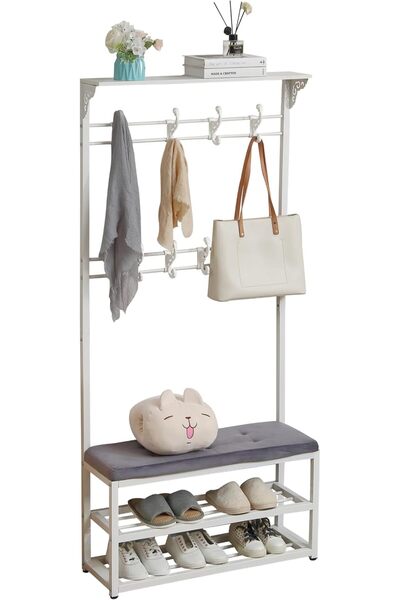 Lawazim 3 Layer Shoes Rack and Coat Hanger with Cushion - White/Grey - Shoe R...