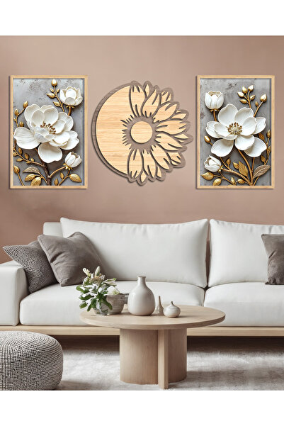 Evinemoda Gold Yapraklı Beyaz Çiçek 3 Parça Ahşap Çerçeveli Dekoratif Set