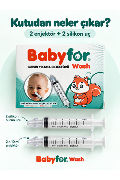 BABYFOR Bebek Burun Yıkama Enjektörü 2'li Nazal Şırınga 2 adet Silikon Uç