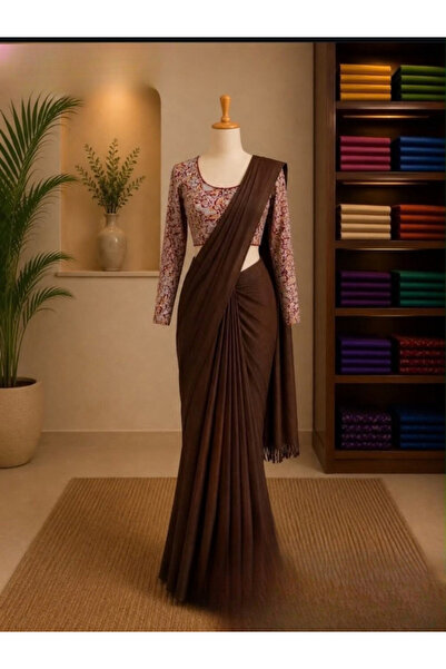 MYSMAR Light Brown Draped Saree with Kalamkari Printed Blouse - EFS9646 | Lig...