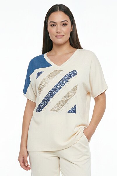 By Saygı Women's V-Neck Cross Stripe Sequin-Bead Embroidered Short Sleeve Lyc...