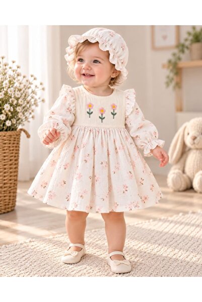 Gubi Kids ÇİÇEKLİ ŞAPKALI MÜSLİN ELBİSE