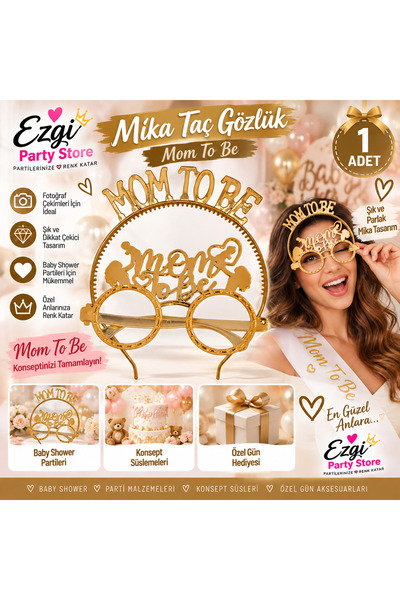 Ezgi Party Store Mom To Be Gold Mika Taç Gözlük 1 Adet Baby Shower Anne Adayı...