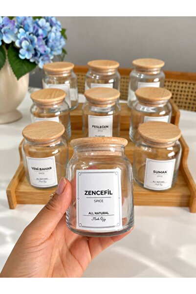MODA OZY Set of 9 300ml Wooden Vacuum Lid Glass Spice Jars with Bamboo Stands...