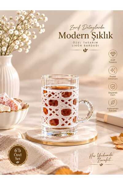 Beyaz Dantel Kulplu 6'lı Çay Bardağı Seti