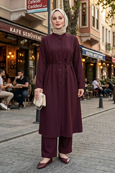 Modestim Tesettür Kadın Bordo Hakim Yaka Uzun Tunikli Pantolonlu Tesettür Tak...