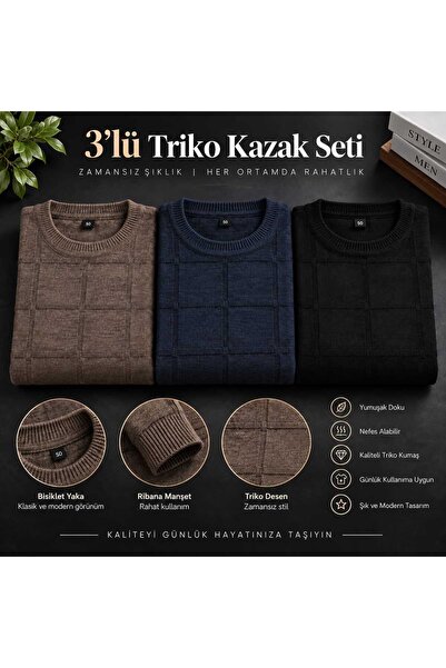 Castello 🧶✨ 3’lü Premium Triko Kazak Seti | Bisiklet Yaka | Şık & Modern Erk...