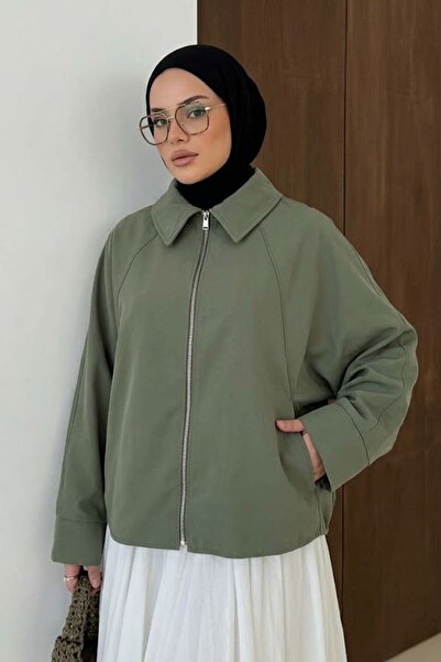 Modestim Tesettür Kadın Haki Yarasa Kol Fermuarlı Gömlek Yaka Oversize Bombet...