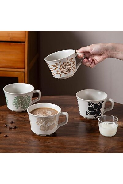 KASTWAVE 4 Pcs Ceramic Coffee Mugs 12oz, with Gold Spoon,Vintage Floral Stone...