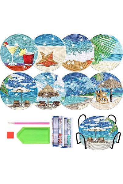 HASTHIP ®   مجموعة حاملات أكواب مزينة بالألماس، 8 قطع مع حامل، طقم DIY بتصميم...