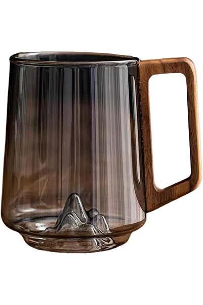 Paporich 450 ml Smokey Gray Glass Slanted Coffee Cups With Wooden Handle, Cre...