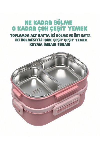 Masis Home 1650 ml Lunch Box 2 Katlı 4 Bölmeli Paslanmaz Çelik Sefer Tası Yemek Kutusu Chopstick Setli