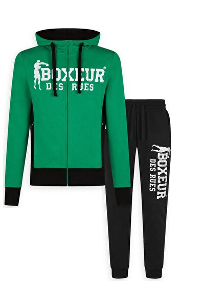 Boxeur Des Rues Set Trening Bărbați Boxeur des Rues: Hanorac Verde/Alb + Pantaloni de Trening Negru/Alb cu Dungi Verticale