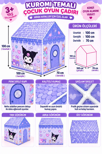 BYCEGU Kuromi Temalı Çocuk Oyun Çadırı 100x100x70 cm Pencereli Ev Tipi Oyun E...