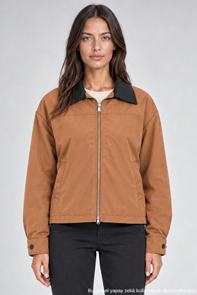 Freemen Women's Tan Leather Collared Oversize Coat with Zipper Pockets