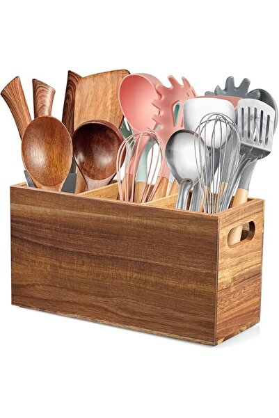 AZONEE Acacia Wood Utensil Holder For Countertop, Large 3-Compartment Cooking...