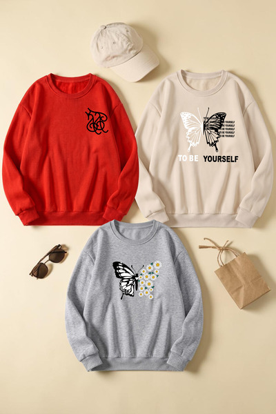 uyguntarz Unisex Mixed Printed Crew Neck Sweatshirt Set – Pack of 3