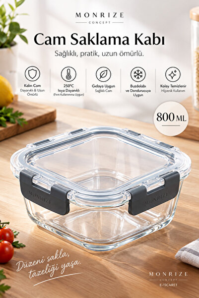 Monrize Concept 800 ML Cam Saklama Kabı Kilitli %100 Sızdırmaz Silikonlu Kapa...