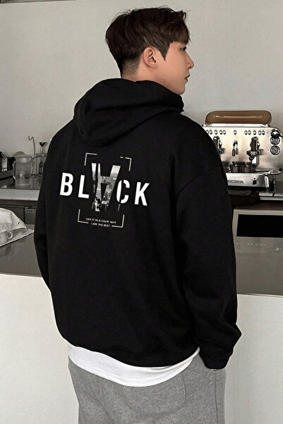K KOZZ STYLE Erkek %100 Pamuklu Siyah xBLACKx Baskı Bol Kalıp Sweatshirt Hoodie
