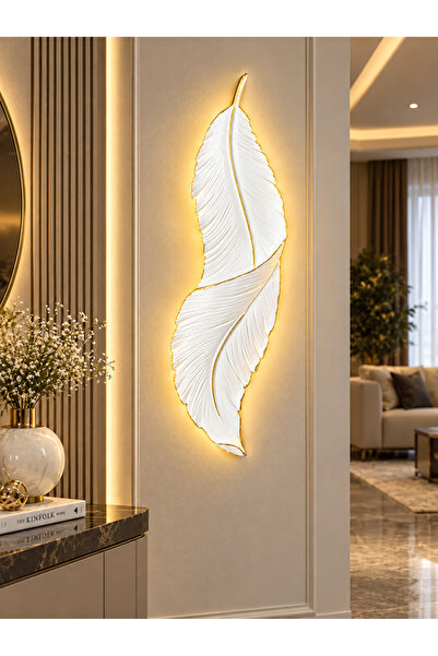 kristalavize Gold Detaylı Beyaz Tüy Duvar Apliği 65 cm – 3 Renk LED Modern De...