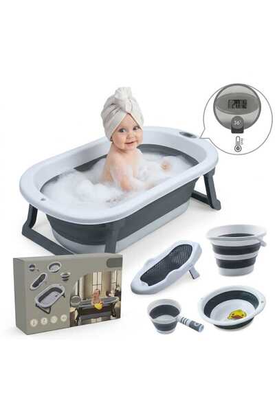 OEM Set 5 in 1 Cadita Bebe Pliabila Popypapa, cu Termometru Digital, Suport H...