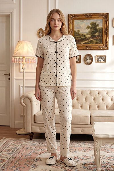 REMSA Women's Ribbon Pattern Short Sleeve Berlin Pajama Set 004 White03