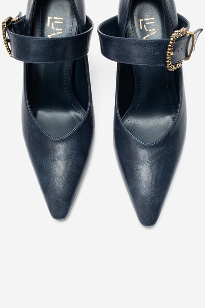 LuviShoes Lyons Navy Blue Leather Buckle Women's Wedge Heeled Shoes