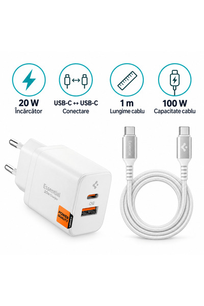 Spigen Σετ, Φορτιστής 20W + Καλώδιο USB-C σε USB-C 100W, 1μ, λευκό
