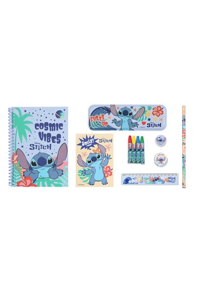 Frocx Stitch Ohana 11 Parça Kırtasiye Seti - A5 Spiralli Defter, A6 Not Defteri, Metal Kalemlik, Kurşun Kalem, 4 Pastel Boya, Cetvel, Silgi ve Kalemtıraş, Çocuklar İçin Okul ve Boyama Seti