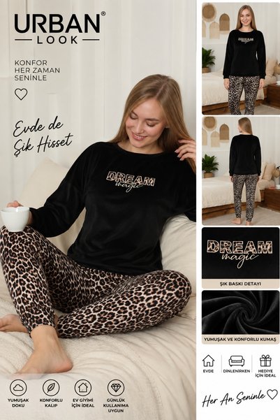 Urban Look طقم ملابس منزلية أنيقة للسيدات مكون من قطعتين، سويت شيرت مخملي وبن...