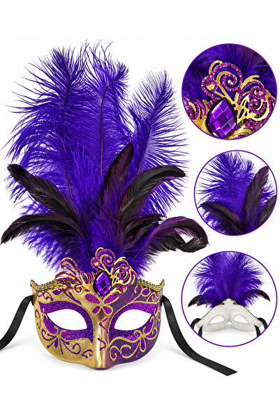 PARTİPORT Purple Gold Feathered Venetian Mask with Stones and Glitter, Showy ...