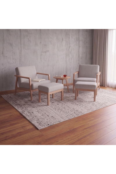 Setoso Atelier Sven İskandinav Masif Ahşap Gri Keten 5 Parça Dinlenme Seti