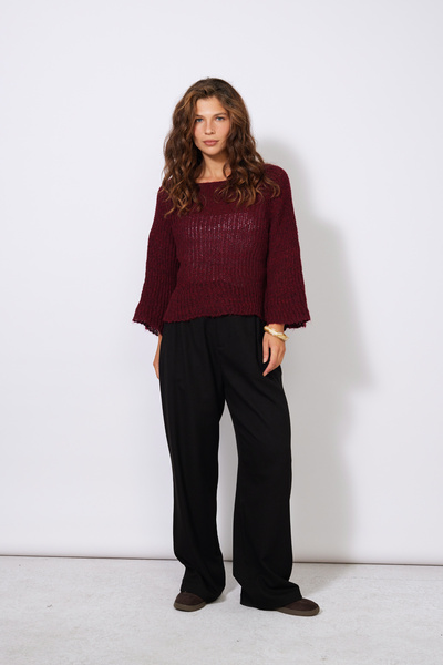 Nisan Openwork Knitted Italian Sleeve Knitwear Sweater Burgundy