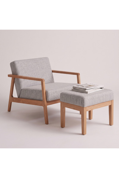 Setoso Atelier Sven İskandinav Masif Ahşap Gri Keten Berjer Puf Takımı